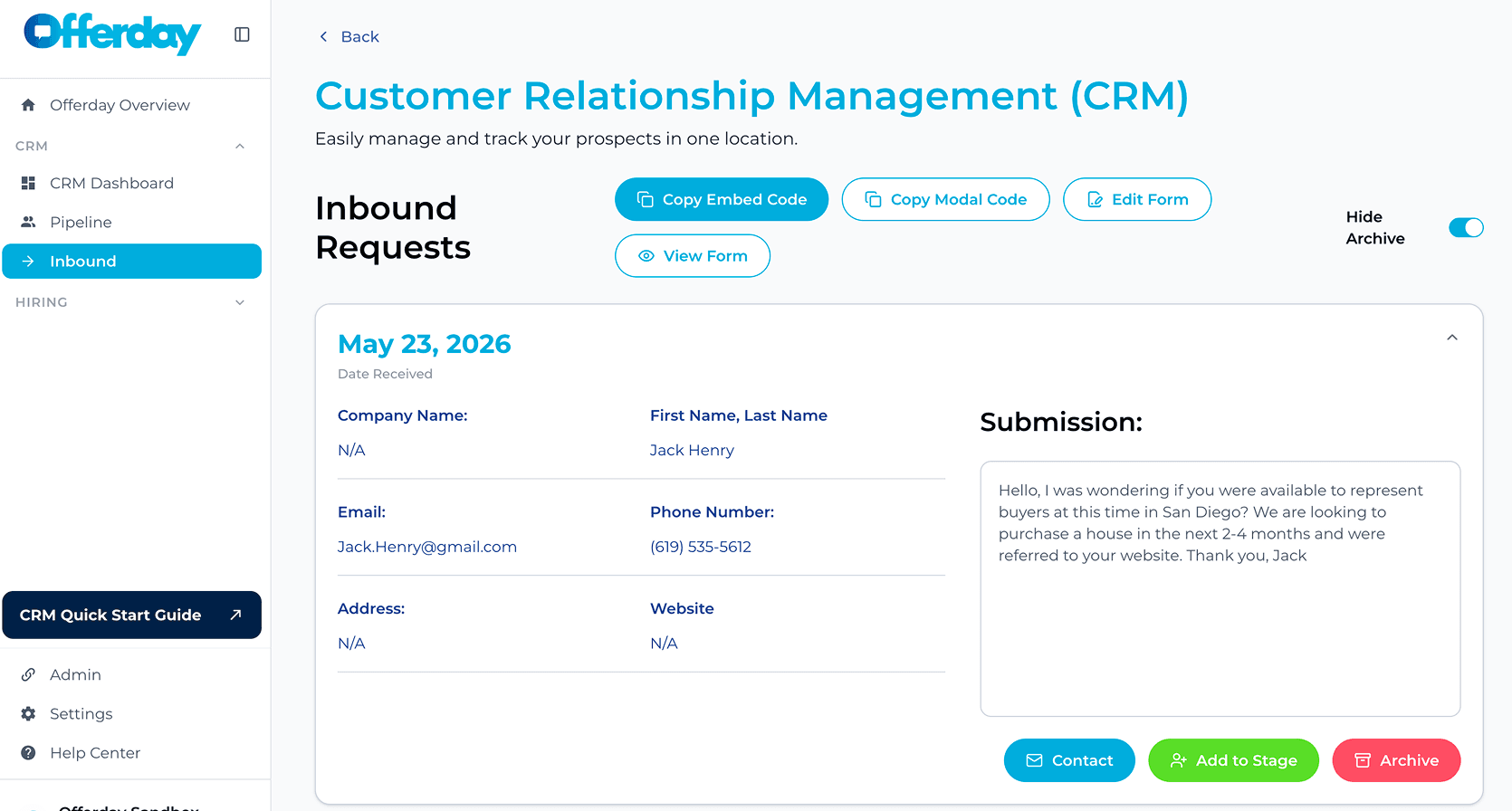 CRM inbound requests dashboard