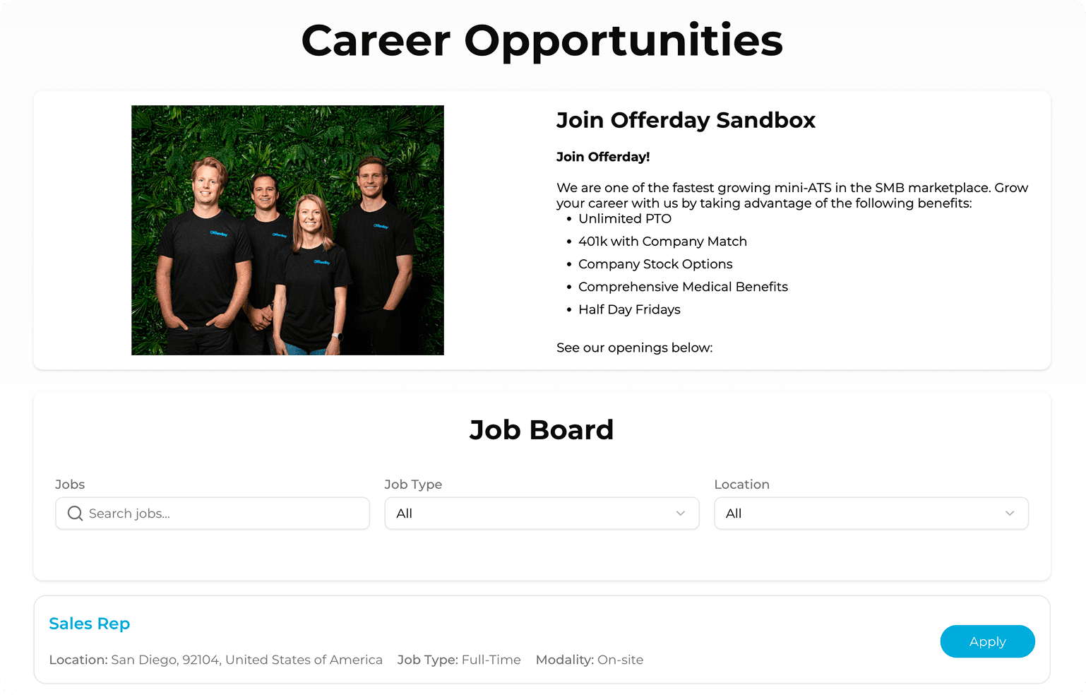 Offerday custom career page showing job board
